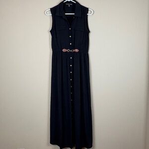 Always Indigo Black Sleeveless Collared Full Front Gold Button Up Maxi Dress